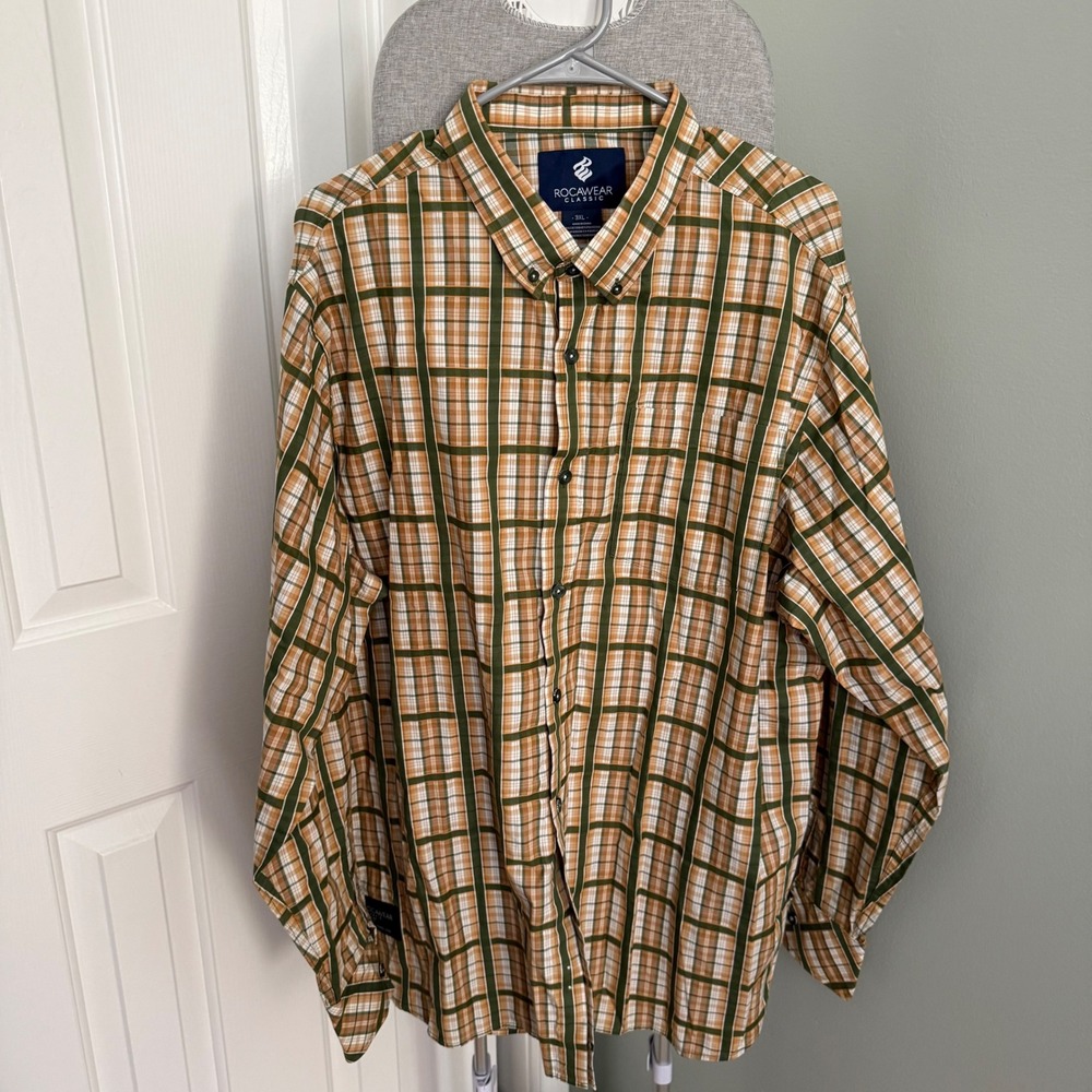 Rocawear Classic Mens 3XL Plaid Button Down Shirt Brown Green Hip Hop Streetwear